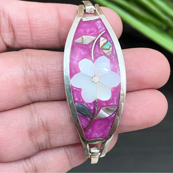 Vintage Alpaca Mexico Mexican Silver Mother of Pearl Inlaid ID Cuff Bracelet - Picture 10 of 13